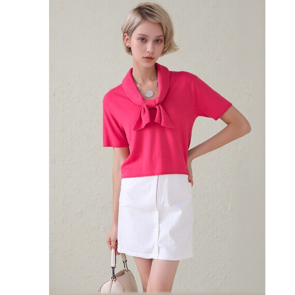 Vintage 50s Pink Knit Cropped Sweater L Short Sleeve Bow Detail Coquette Top